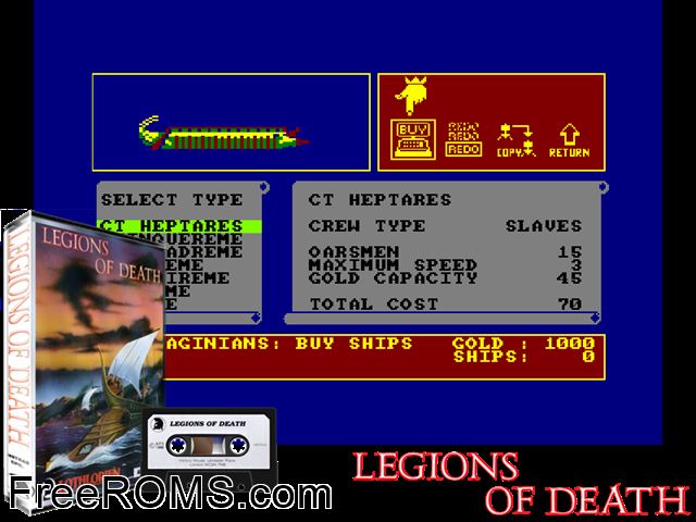 Legions of Death (UK) (1986) [a1] Amstrad CPC game showing 3D box cover and gameplay screenshot